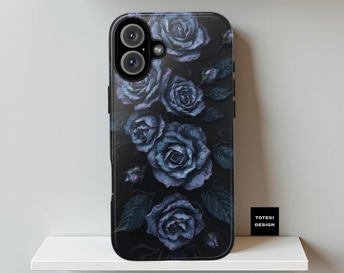 Tough Cases, Gothic Dark Blue Floral Roses, Samsung S25 S24 S23 S22 Plus Ultra, iPhone 16 15 14 13 12 11, Gift for Daughter, Protective