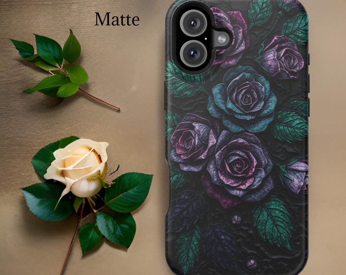 Phone Case, Gothic Dark Roses Flowers, iPhone 16 15 14 13 Pro Max Plus, Matte Glossy, Dark Academia Winter, Magnetic Tough Cases