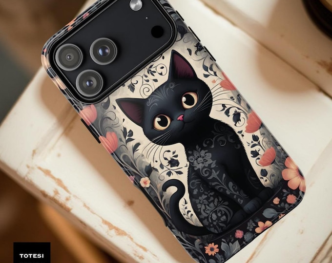 Black Kitty Cat Floral Phone Case: iPhone, Samsung Galaxy Tough Cover