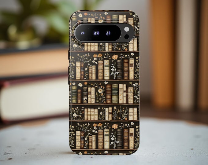Botanical Bookish Tough Case, Floral Bookshelf Phone Cover, Samsung Google iPhone dual layer sturdy cases