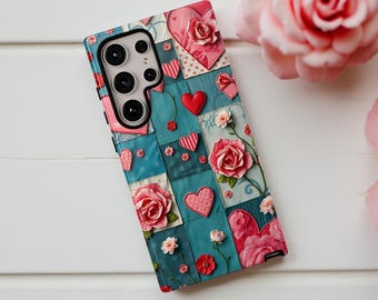 Valentine Patchwork Hearts Tough Case | Floral Rose Phone Case, Teal Pink Love Pattern