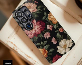 Dark Floral Tough Phone Case: Vintage Art, Dual Layer