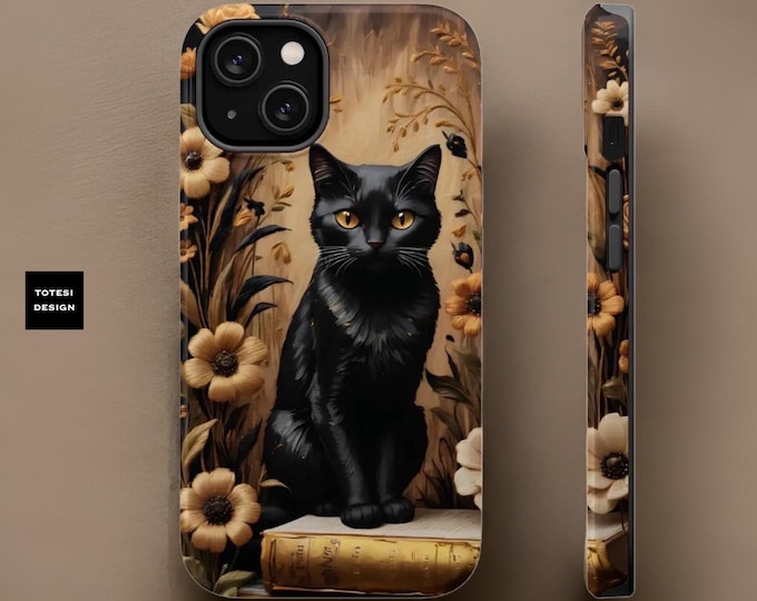 Magnetic Tough Cases, Vintage Black Gothic Cat Books iPhone Case, Dual Layer, Cat Lovers Gift, Pro Max Plus, Sturdy, 16 15 14 13, Goth Phone