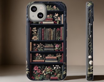 Floral Bookshelf Phone Case: Goth Dark Academia Style