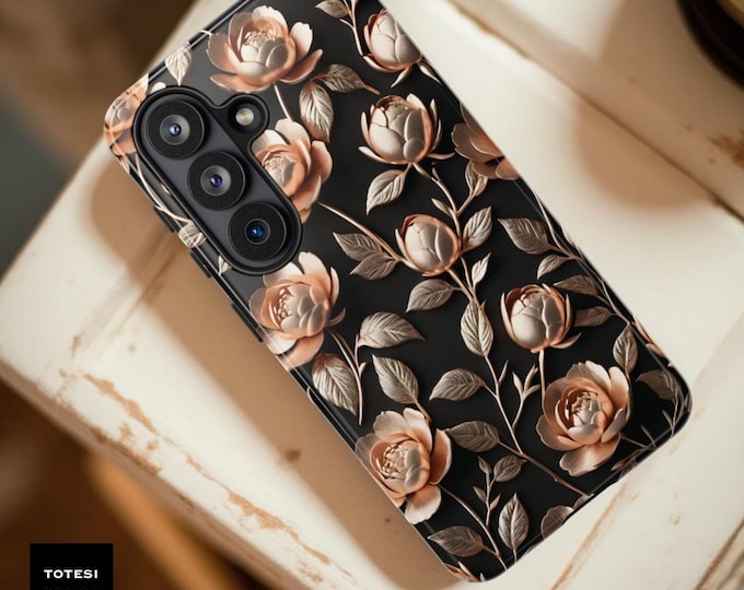 Dark Floral Peony Tough Phone Case: Gold & Black