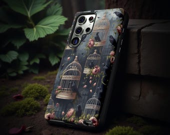 Gothic Victorian floral ravens bird cages  Samsung Galaxy Phone Case  iPhone 17 16 15 Wireless Charge when flat
