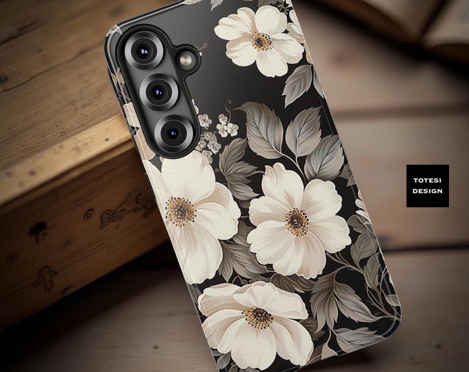 Dark Floral Tough Phone Case: Impact Resistant, Monochrome Design