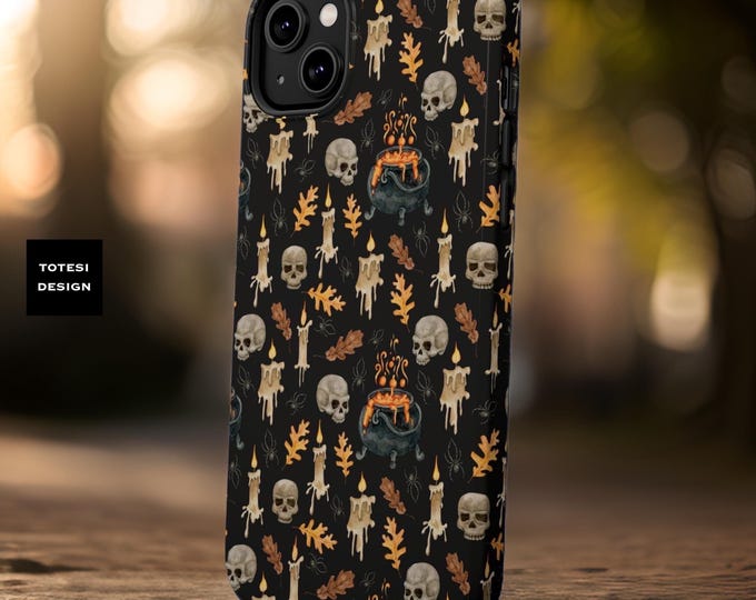 MagSafe iPhone 16 case Halloween Spooky Pumpkin skulls black cute aesthetic dual layer tough phone case 13 14 15 Pro Max Plus | Goth gifts