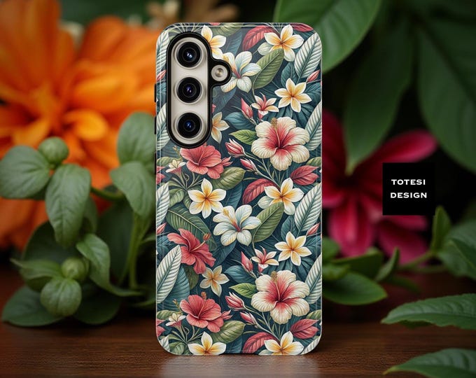 Tough Cases, Tropical Flower Hibiscus Frangipani Retro Vintage Phone Cover, iPhone Samsung Google, Summer Beach, Protective Floral Phone