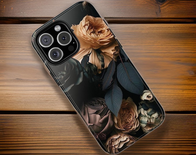 Dark Floral Academia, iPhone Tough Case 11, 12,13,14 15 16 Pro Max Plus Samsung Galaxy| ornamental Victorian Gothic floral,Glossy or Matte
