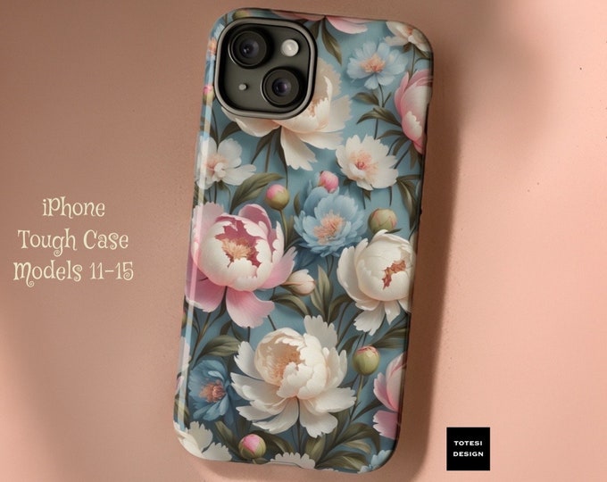 Pretty peonies vintage floral tough iphone  cases | 11 12 13 14 15 Pro Max Plus Mini |Glossy Matte