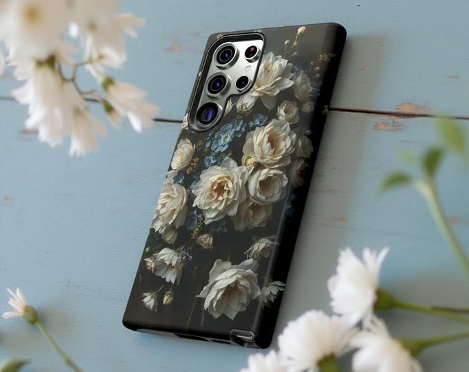 Dark Moody Floral Academia, iPhone Tough Case 11, 12,13,14 15 16 Pro Max Plus Samsung Galaxy S25 S24 S23 S22| Gothic Glossy or Matte