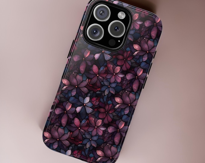 Dark floral berry purple iPhone Samsung Google tough case 16 15 14 13 12 11 Pro Max Plus, Galaxy S24 S23 S22 S21 S21 Plus Ultra