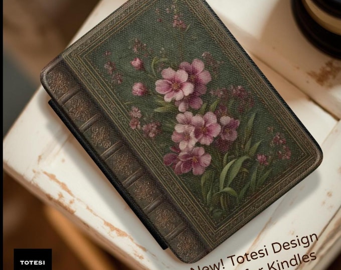Kindle Case 7" | Vintage Floral Book Cover | Pink Roses, Antique Leather Look
