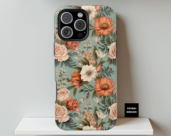 MagSafe iPhone case, Mint Pink Cute Boho Floral aesthetic iPhone Tough Case 13 14 15 16 Pro Max Plus | glossy or matte | MagSafe Compatible