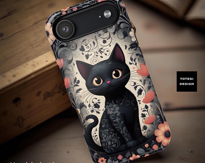 Black Kitty Flowers iPhone 16 17 Pro Max Case: Goth Protective Cover, MagSafe Compatible