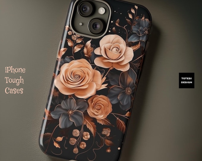 Romantic Dark Floral iPhone tough cases 11,12,13,14,15 Pro Max, Plus Roses Gothic  | Glossy Matte