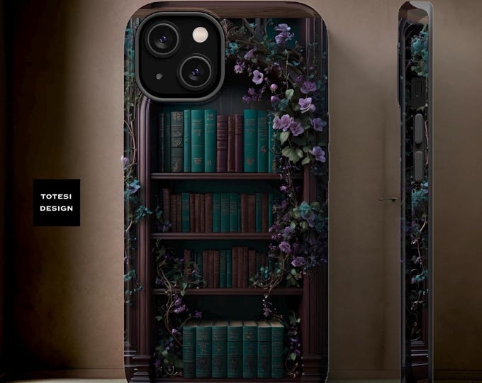 Magnetic iPhone Case Green Dark Floral Academia Vintage Books - Tough Case, Book Lover Gift, Academic Style, iPhone 13 14 15 16 Pro Max Plus