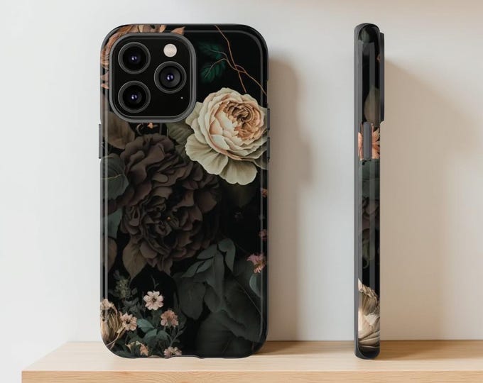 Dark Floral Academia, iPhone case, Samsung Galaxy Tough Case S25 S24 S23 S22 Ultra Plus| ornamental Victorian Gothic Black | Glossy Matte