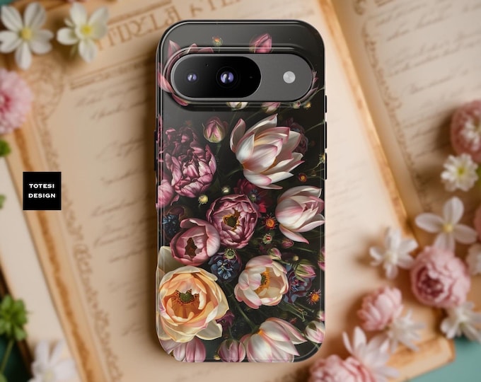 Dark Floral Academia, iPhone Tough Case 11, 12,13,14 15 16 Pro Max Plus Samsung Galaxy| ornamental Victorian Gothic floral,Glossy or Matte