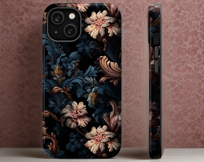Gothic Floral iPhone Case, Black Academia Magnet Case, Tough Floral Magnetic Cover, Pink Mauve Goth Phone Case, Strong Floral iPhone Case,