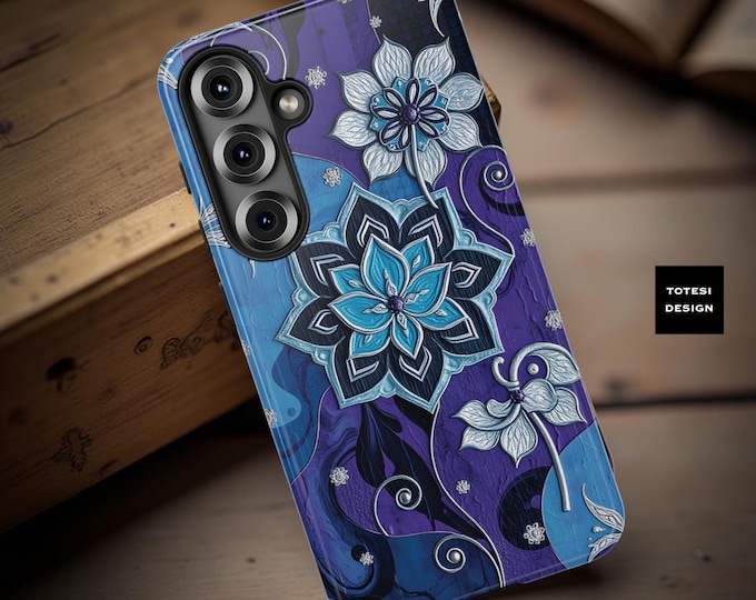 Blue Floral Mandala Tough iPhone Case, Boho Protective Phone Cover, Artistic Abstract Case Samsung iPhone Google