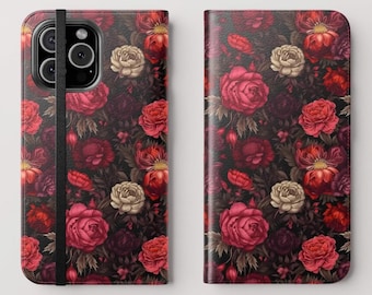 Red Dark Moody Floral Romantic iPhone Cover Wallet Case 16 15 14 13 12 Pro Max Plus Samsung S25 S24 S23 Stand cardholder