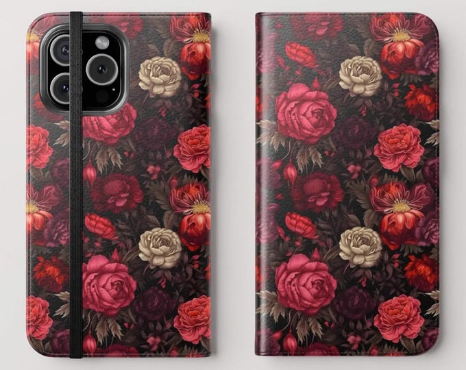 Red Dark Moody Floral Romantic iPhone Cover Wallet Case 16 15 14 13 12 Pro Max Plus Samsung S25 S24 S23 Stand cardholder