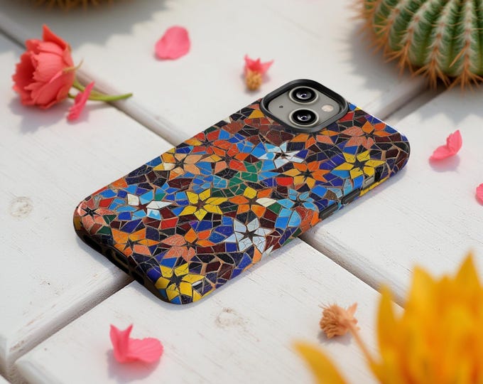 Mosaic tile Vibrant Floral Phone Case, Tough Cases, iPhone 16 15 14 13, Samsung S25 S24 S23 Birthday Present, Boho Phone cover