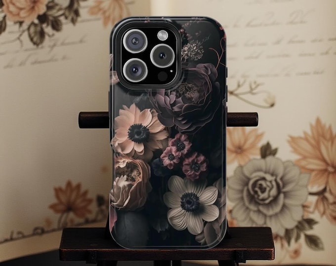 Dark Romantic Floral iPhone Case – Black Vintage Bookish Gothic Flower MagSafe Tough Cover