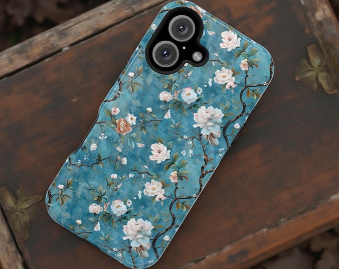 MagSafe Blue Vintage Floral Magnetic iPhone Case, Floral Nature Gift for Mom, iPhone 16 15 14 13 Plus Pro Max, Tough Case, Birthday Gift
