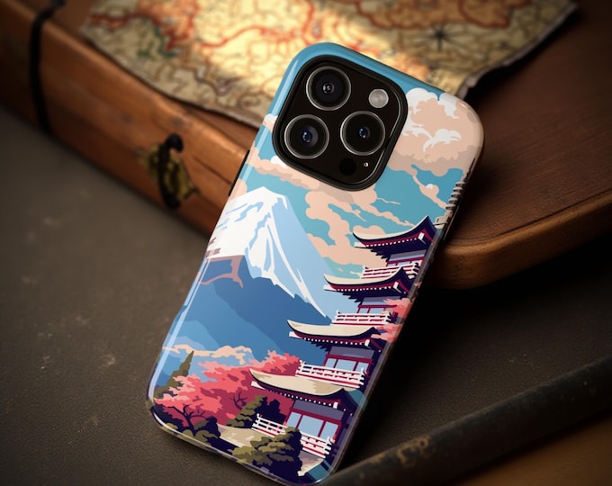 Travel Phone Cases Retro Art Japan Vacation Coastal Art, Travel Poster Tough Case, Summer Holiday Gift, Mt Fuji wanderlust travel lover gift