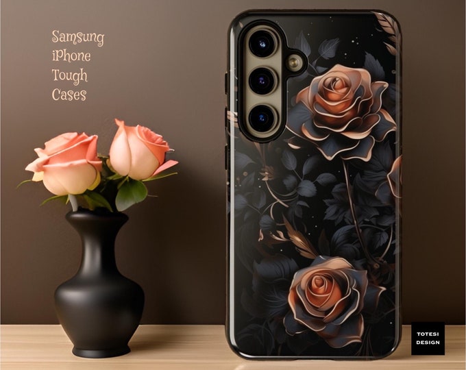 Black dark moody goth romantic floral aesthetic Samsung Galaxy Tough Cases S25 S24 S23 S22 iPhone 16 15 14 13 12 11 Pro Max  |birthday