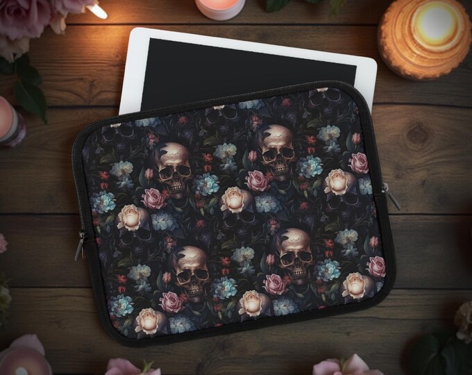 Floral Gothic Skulls Roses Laptop Sleeve Case, 7 10 13 15 17 inch,  MacBook Cover, iPad Kindle sleeve, Tech padded protective pouch