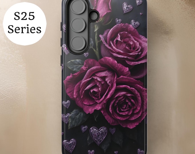 Dark Floral Gothic Roses Samsung S25 S24 S23 Phone Cases, Romantic Tough Cases, iPhone Samsung Google, Purple Black, Dark Academia Hearts