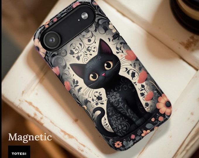 Black Kitty Flowers iPhone Max Case: Goth Protective Cover, MagSafe Compatible