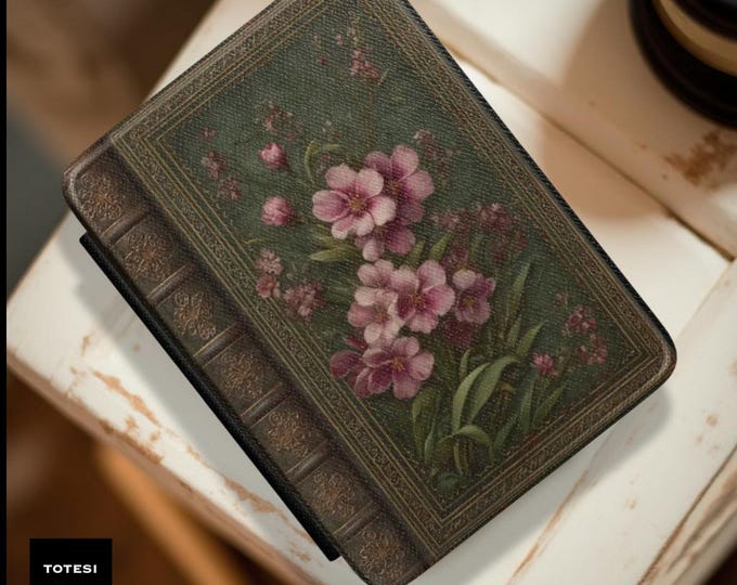 Kindle Case 7" | Vintage Floral Book Cover | Pink Roses, Antique Leather Look