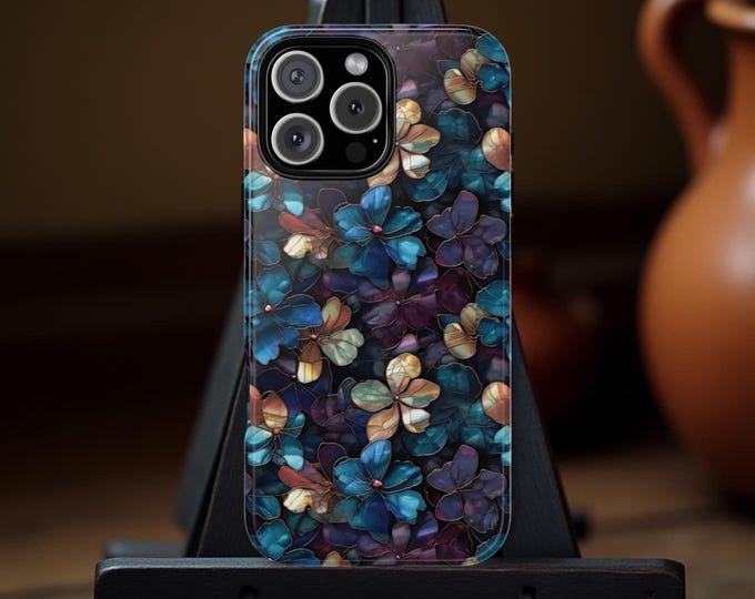 Blue Floral Mosaic Art Phone Case: Gothic Stained Glass Effect