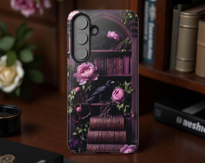 Goth dark academia books floral purple ravens Samsung Galaxy iPhone phone cases  | sturdy dual layer S25  S24 S23 Glossy matte