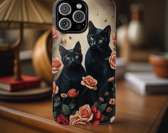Vintage Black Cat Floral Tough Phone Case, Dark Academia iPhone Case, Retro Floral Samsung Galaxy Case, Gothic Cat Lover Phone Cover, Edgy