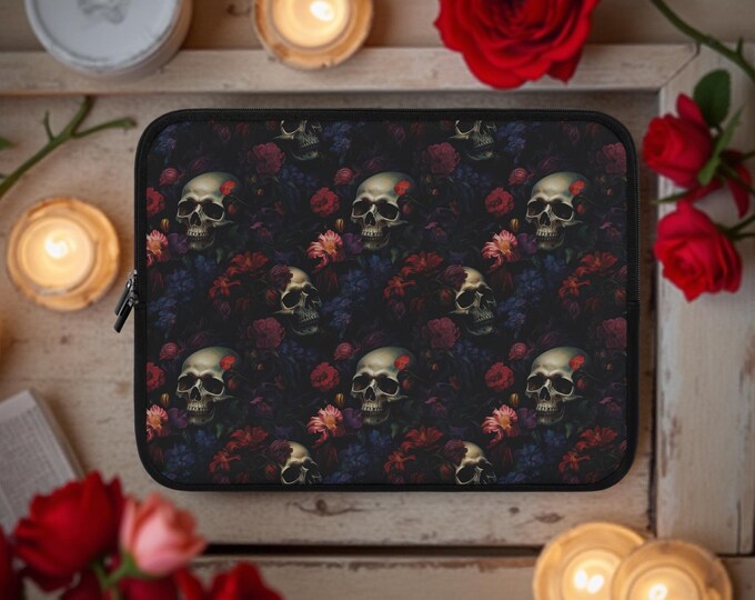 Floral Gothic Skulls Roses Laptop Sleeve Case for Students, MacBook Cover, iPad Kindle Holder, Unique Art Gothic Sleeve, birthday daughter