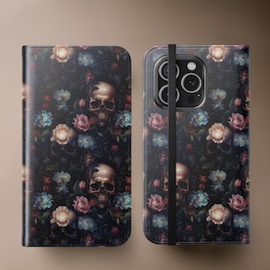 Funda para teléfono con soporte tipo billetera y diseño floral de calaveras góticas, Dark Academia Flip Folio Artsy Unique iPhone 16 15 14 13 12 Pro Max Plus, regalo para hija