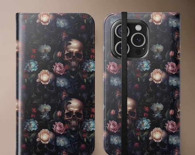 Gothic Skulls Floral Phone Cover Wallet Stand Case, Dark Academia Flip Folio Artsy Unique iPhone 16 15 14 13 12 Pro Max Plus, Gift Daughter