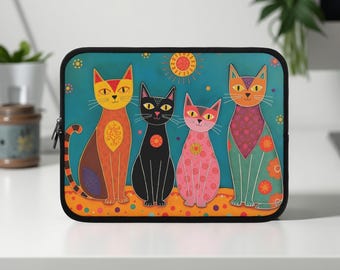 Vibrant whimsy Cat Art Laptop Sleeve, Cat Lover Gift, Cute iPad MacBook Notebook Case, Fun Tech Accessory, Colorful Cat Design