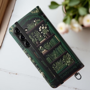 Librero floral vintage verde con libros, funda tipo cartera para iPhone 16, 15, 14, 13, 12 Pro Max Plus, Samsung S25, soporte para tarjetas con diseño de gusano de libros literario