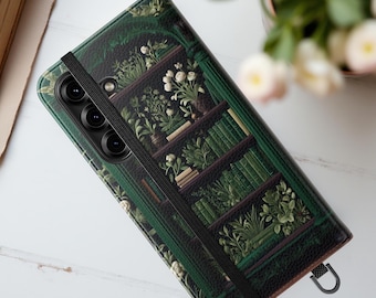 Green Vintage Books Floral Bookcase iPhone Cover Wallet Case 16 15 14 13 12 Pro Max Plus Samsung S25 literary book worm Stand cardholder