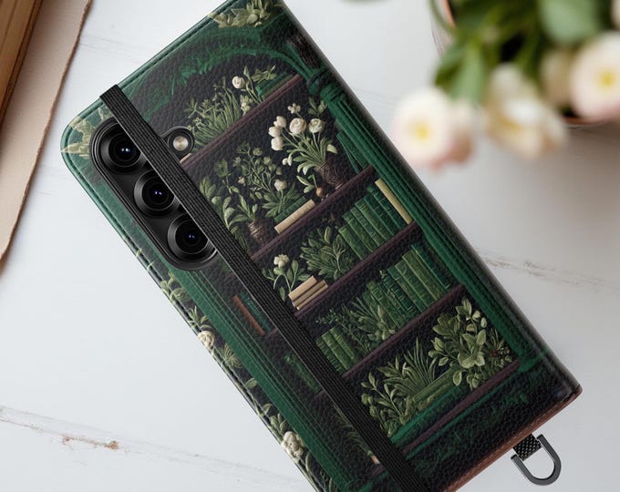 Green Vintage Books Floral Bookcase iPhone Cover Wallet Case 16 15 14 13 12 Pro Max Plus Samsung S25 literary book worm Stand cardholder