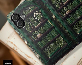 Books Floral Bookcase iPhone Wallet Case: Green Vintage Books, Cardholder Stand