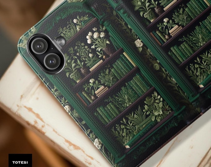 Books Floral Bookcase iPhone Wallet Case: Green Vintage Books, Cardholder Stand