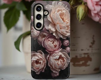 Peony Floral Phone Case: Chic Moody Design, Dual Layer